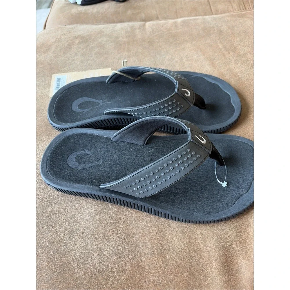 OluKai Ulele Mens Sandals Black Flip Flops 10435-4040 Size 7